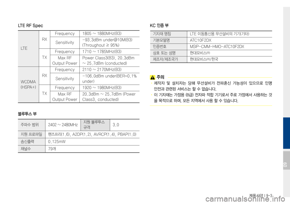 Hyundai Avante 2015  아반테AD 표준4 내비게이션 (in Korean) 제품사양 I 9-3
LTE RF Spec
블루투스 부KC 인증 부
 주의
•	제작자	및	설치자는 	당해 	무선설비가 	전파혼신 	가능성이 	있으므로 	인명	
안전과	관련된	서
