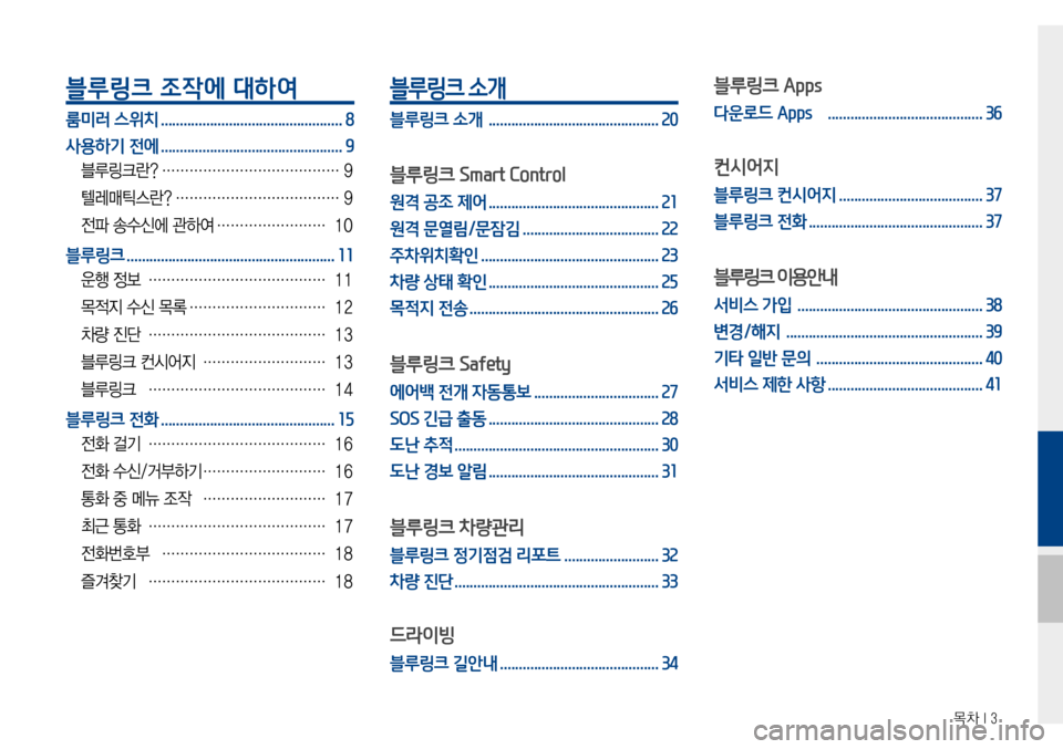 Hyundai Avante 2015  아반테AD 표준4 내비게이션 (in Korean) 목차 I 3
블루링크 조작에 대하여 
룸미러 스위치 ................................................8
사용하기  전에
 ................................................9
블루링크