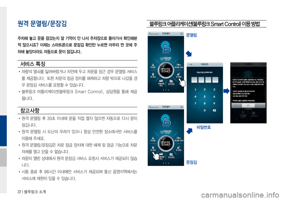 Hyundai Avante 2015  아반테AD 표준4 내비게이션 (in Korean) 22 I 블루링크 소개
원격 문열림/문잠김
주차해  놓고  문을  잠갔는지  잘  기억이  안  나서  주차장으로  돌아가서  확인해본 
적  많으시죠?  이제는  