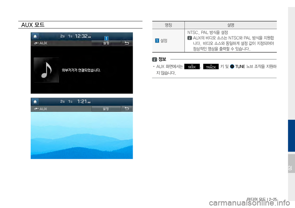 Hyundai Avante 2015  아반테AD 표준4 내비게이션 (in Korean) 미디어 모드 I 2-25
AUX 모 드 명칭설명
설정
NTSC,PAL방식을설정
AUX의비디오 소스는 NT SC와 P AL 방식을 지원합
니다.비디오소스와 동일하게 설정
