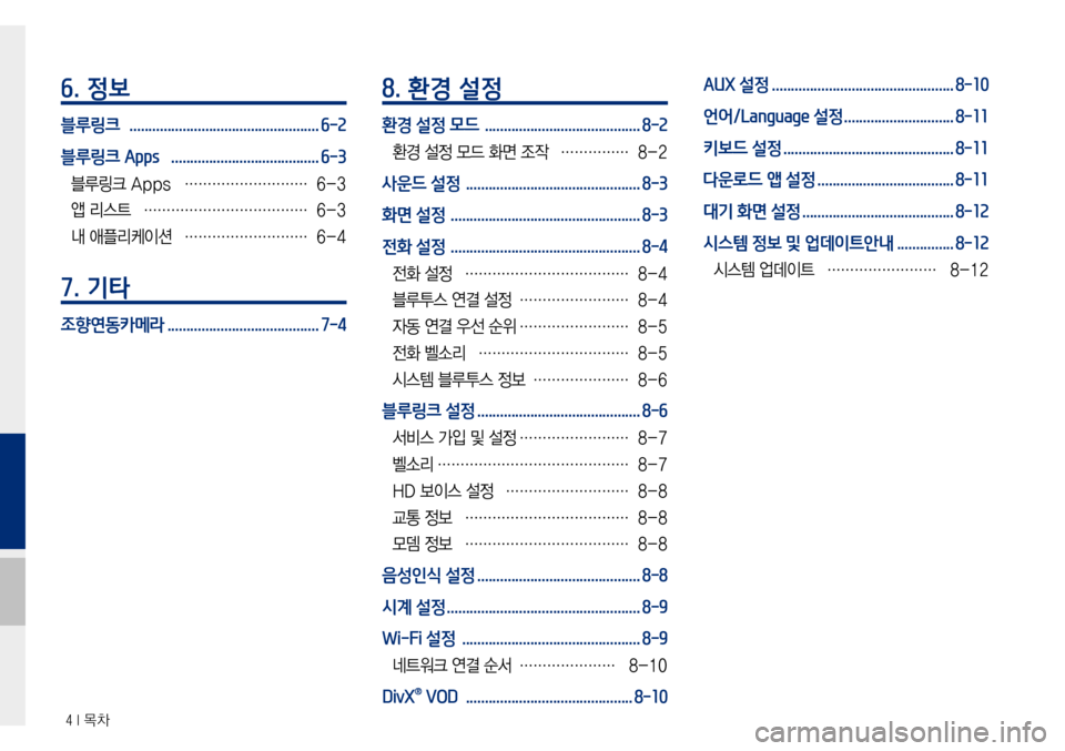 Hyundai Avante 2015 아반테AD 표준4 내비게이션 (in Korean) 4 I 목차
6. 정보
블루링크 ..................................................6-2
블루링크 Apps
.......................................6-3
블루링크 Apps ………………………6 Hyundai Avante 2015 아반테AD 표준4 내비게이션 (in Korean) 4 I 목차
6. 정보
블루링크 ..................................................6-2
블루링크 Apps
.......................................6-3
블루링크 Apps ………………………6