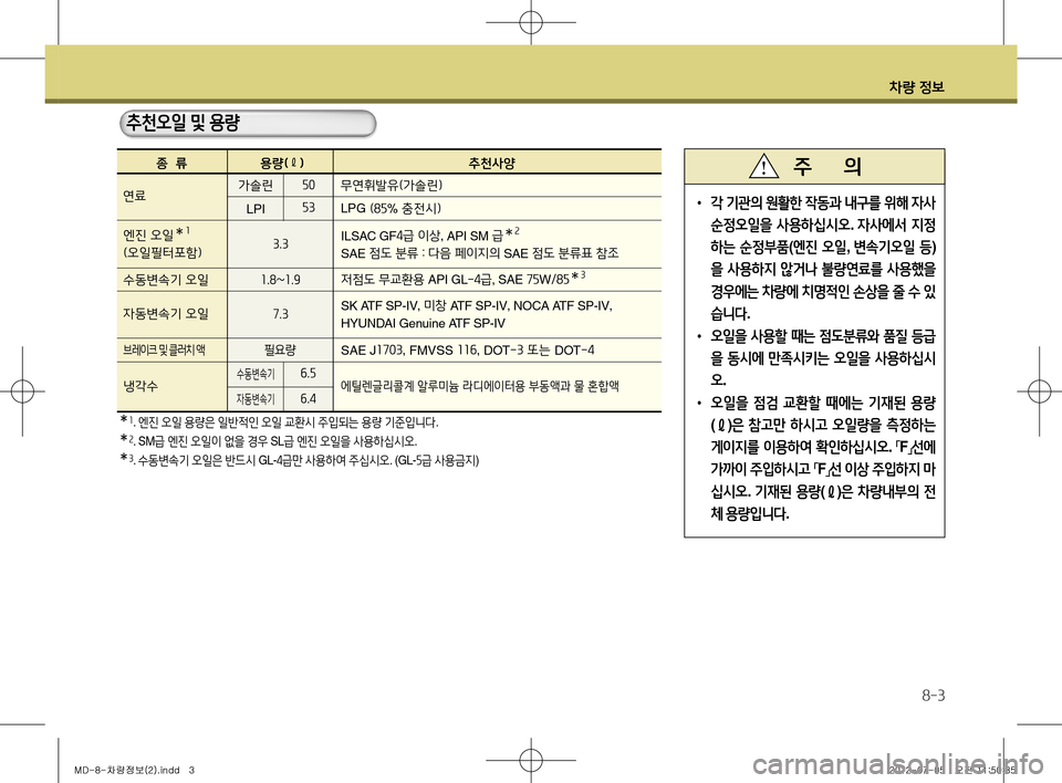Hyundai Avante 2013  아반떼 MD - 사용 설명서 (in Korean) 차량 정보
8-3
  추천오일 및 용량
  종  류    용량( ℓ
)    추천사양
50 53
3.3무연휘발유(가솔린) LPG  (85% 충전시)
엔진 오일
✽1
(오일필터포함)
연료
자동