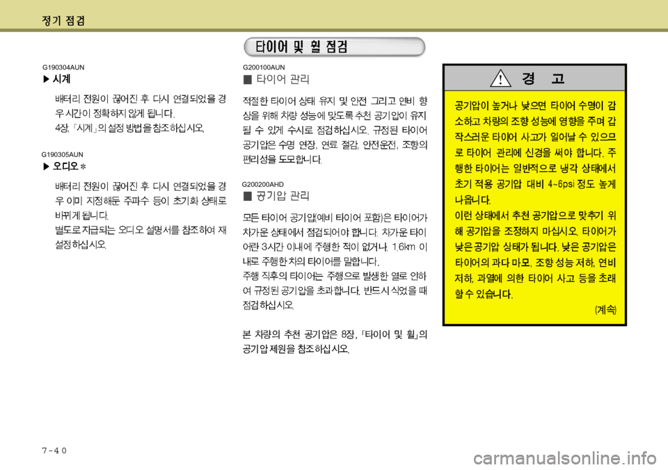 Hyundai Avante 2011  아반떼 MD - 사용 설명서 (in Korean) 7-4 0
G200200AHD
G200100AUN
G190305AUN
G190304AUN 