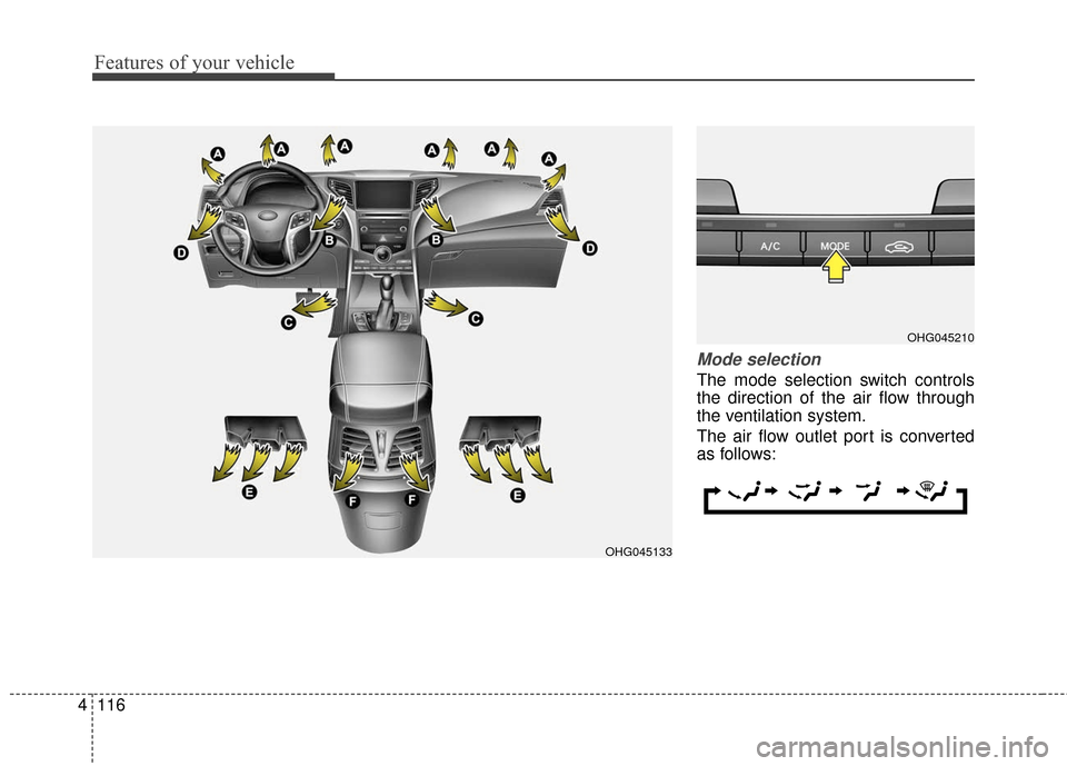 Hyundai Azera 2017  Owners Manual Features of your vehicle
116
4
Mode selection
The mode selection switch controls
the direction of the air flow through
the ventilation system.
The air flow outlet port is converted
as follows:
OHG0452