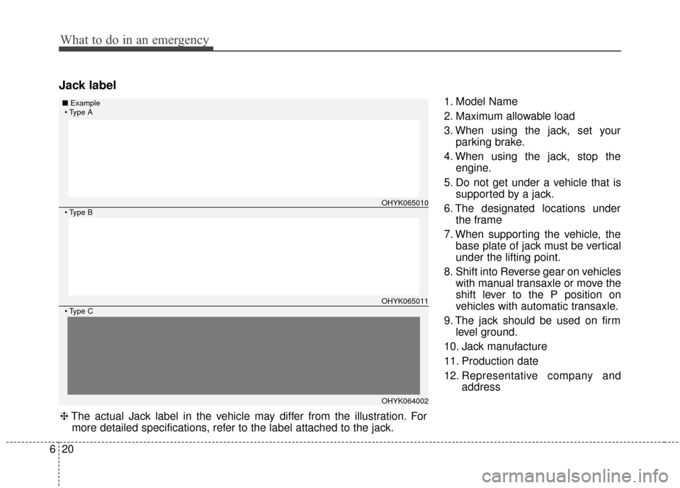 Hyundai Azera 2017  Owners Manual What to do in an emergency
20
6
Jack label
1. Model Name
2. Maximum allowable load
3. When using the jack, set your
parking brake.
4. When using the jack, stop the engine.
5. Do not get under a vehicl