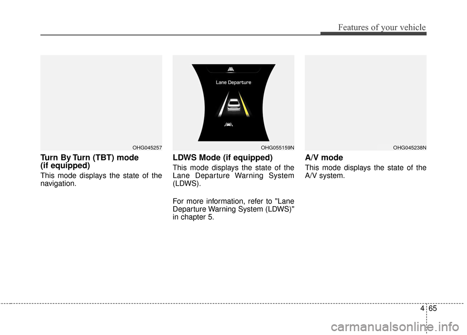 Hyundai Azera 2016  Owners Manual 465
Features of your vehicle
Turn By Turn (TBT) mode 
(if equipped)
This mode displays the state of the
navigation.
LDWS Mode (if equipped)
This mode displays the state of the
Lane Departure Warning S