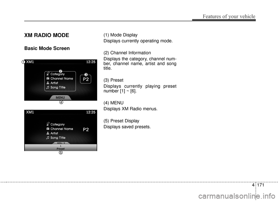 Hyundai Azera 2016  Owners Manual 4171
Features of your vehicle
XM RADIO MODE
Basic Mode Screen
(1) Mode Display
Displays currently operating mode.
(2) Channel Information
Displays the category, channel num-
ber, channel name, artist 