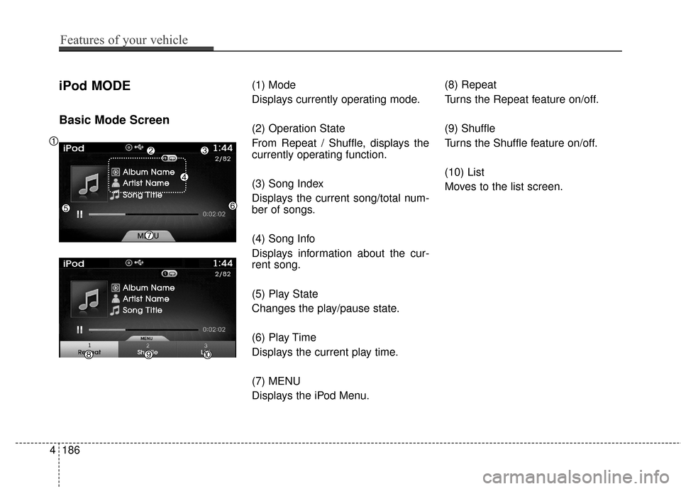 Hyundai Azera 2016  Owners Manual iPod MODE
Basic Mode Screen
(1) Mode
Displays currently operating mode.
(2) Operation State
From Repeat / Shuffle, displays the
currently operating function.
(3) Song Index
Displays the current song/t