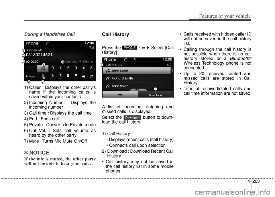 Hyundai Azera 2016 Owners Manual 4203
Features of your vehicle
During a Handsfree Call
1) Caller : Displays the other party’sname if the incoming caller is
saved within your contacts
2) Incoming Number : Displays the incoming numbe Hyundai Azera 2016 Owners Manual 4203
Features of your vehicle
During a Handsfree Call
1) Caller : Displays the other party’sname if the incoming caller is
saved within your contacts
2) Incoming Number : Displays the incoming numbe