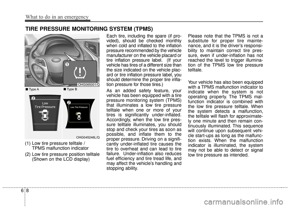 Hyundai Azera 2016 Owners Manual What to do in an emergency
86
TIRE PRESSURE MONITORING SYSTEM (TPMS)
(1) Low tire pressure telltale / TPMS malfunction indicator
(2) Low tire pressure position telltale (Shown on the LCD display) Each Hyundai Azera 2016 Owners Manual What to do in an emergency
86
TIRE PRESSURE MONITORING SYSTEM (TPMS)
(1) Low tire pressure telltale / TPMS malfunction indicator
(2) Low tire pressure position telltale (Shown on the LCD display) Each