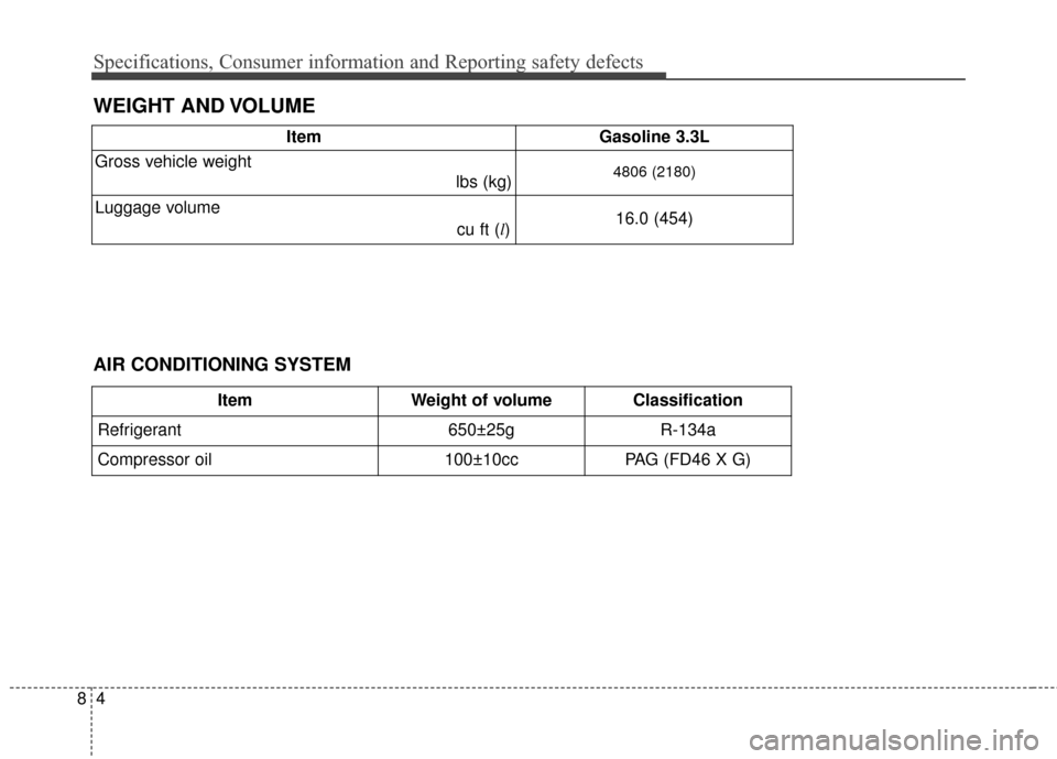 Hyundai Azera 2016  Owners Manual Specifications, Consumer information and Reporting safety defects
48
WEIGHT AND VOLUME
ItemGasoline 3.3L
Gross vehicle weight  lbs (kg)
4806 (2180)
Luggage volume 
cu ft (l)16.0 (454)
AIR CONDITIONING