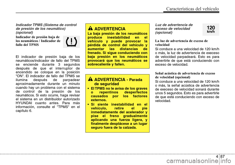 Hyundai Azera 2016  Manual del propietario (Grandeur) (in Spanish) 487
Características del vehículo
Indicador TPMS (Sistema de control
de presión de los neumático)
(opcional)
Indicador de presión baja de
los neumáticos / Indicador de
fallo del TPMS
El indicador