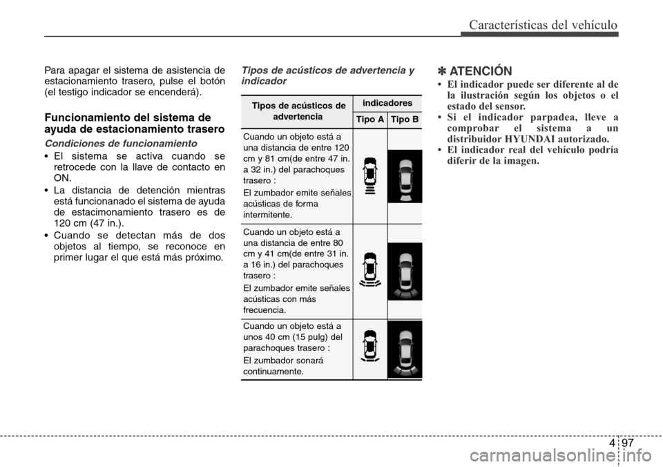 Hyundai Azera 2016  Manual del propietario (Grandeur) (in Spanish) 497
Características del vehículo
Para apagar el sistema de asistencia de
estacionamiento trasero, pulse el botón
(el testigo indicador se encenderá).
Funcionamiento del sistema de
ayuda de estacio