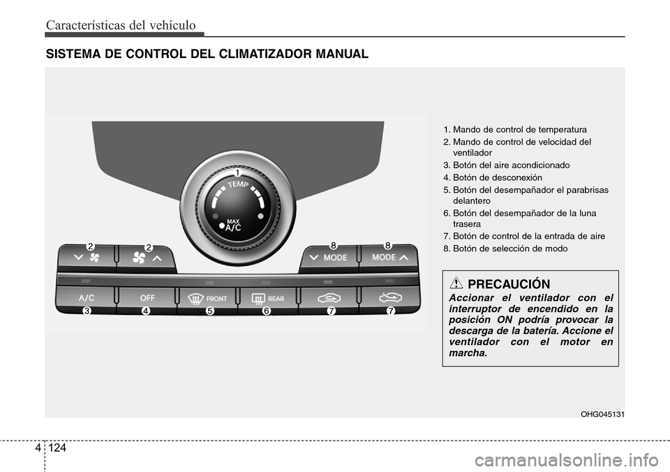Hyundai Azera 2016  Manual del propietario (Grandeur) (in Spanish) Características del vehículo
124 4
SISTEMA DE CONTROL DEL CLIMATIZADOR MANUAL
1. Mando de control de temperatura
2. Mando de control de velocidad del
ventilador
3. Botón del aire acondicionado
4. B