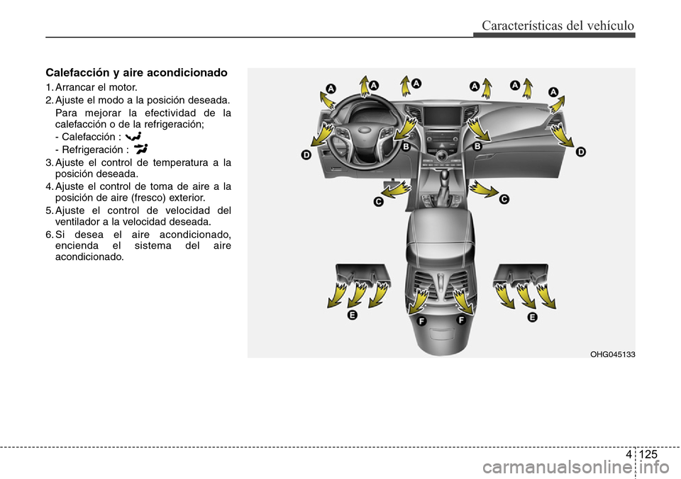 Hyundai Azera 2016  Manual del propietario (Grandeur) (in Spanish) 4 125
Características del vehículo
Calefacción y aire acondicionado
1. Arrancar el motor.
2. Ajuste el modo a la posición deseada.
Para mejorar la efectividad de la
calefacción o de la refrigerac