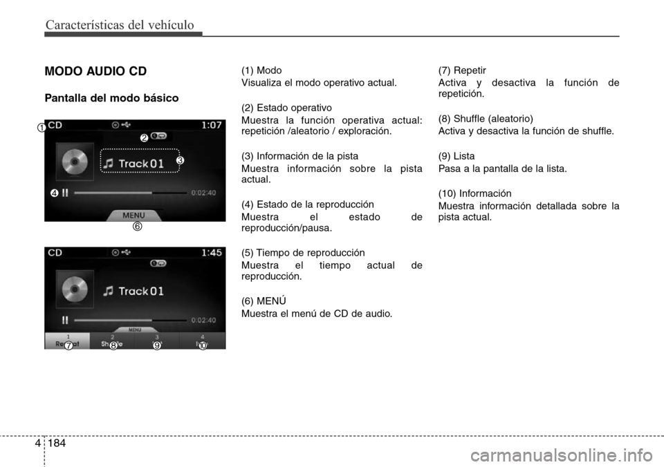 Hyundai Azera 2016  Manual del propietario (Grandeur) (in Spanish) 184 4
Características del vehículo
MODO AUDIO CD
Pantalla del modo básico
(1) Modo
Visualiza el modo operativo actual.
(2) Estado operativo
Muestra la función operativa actual:
repetición /aleato