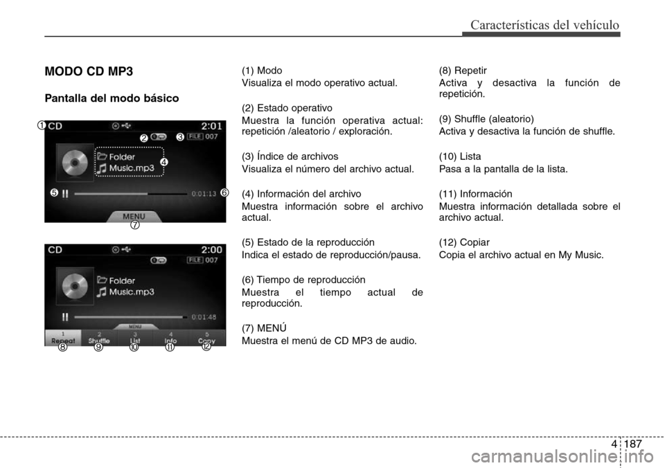 Hyundai Azera 2016  Manual del propietario (Grandeur) (in Spanish) 4187
Características del vehículo
MODO CD MP3
Pantalla del modo básico
(1) Modo
Visualiza el modo operativo actual.
(2) Estado operativo
Muestra la función operativa actual:
repetición /aleatorio