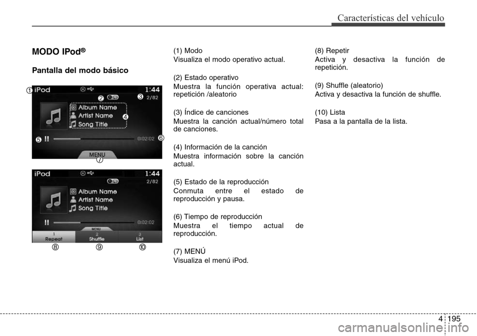 Hyundai Azera 2016  Manual del propietario (Grandeur) (in Spanish) 4195
Características del vehículo
MODO IPod®
Pantalla del modo básico
(1) Modo
Visualiza el modo operativo actual.
(2) Estado operativo
Muestra la función operativa actual:
repetición /aleatorio