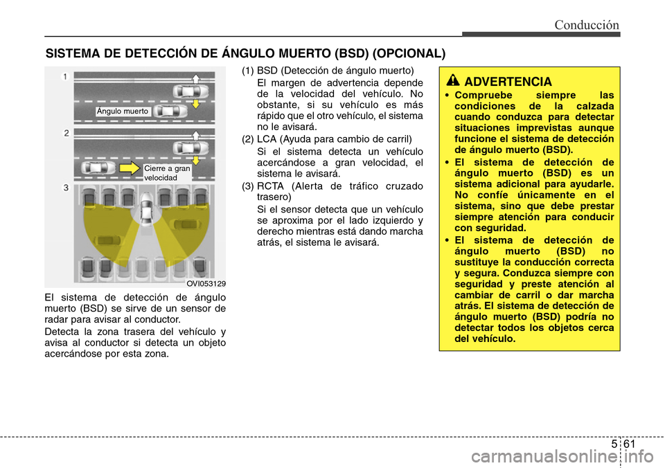 Hyundai Azera 2016 Manual del propietario (Grandeur) (in Spanish) 561
Conducción
El sistema de detección de ángulo
muerto (BSD) se sirve de un sensor de
radar para avisar al conductor.
Detecta la zona trasera del vehículo y
avisa al conductor si detecta un objet Hyundai Azera 2016 Manual del propietario (Grandeur) (in Spanish) 561
Conducción
El sistema de detección de ángulo
muerto (BSD) se sirve de un sensor de
radar para avisar al conductor.
Detecta la zona trasera del vehículo y
avisa al conductor si detecta un objet