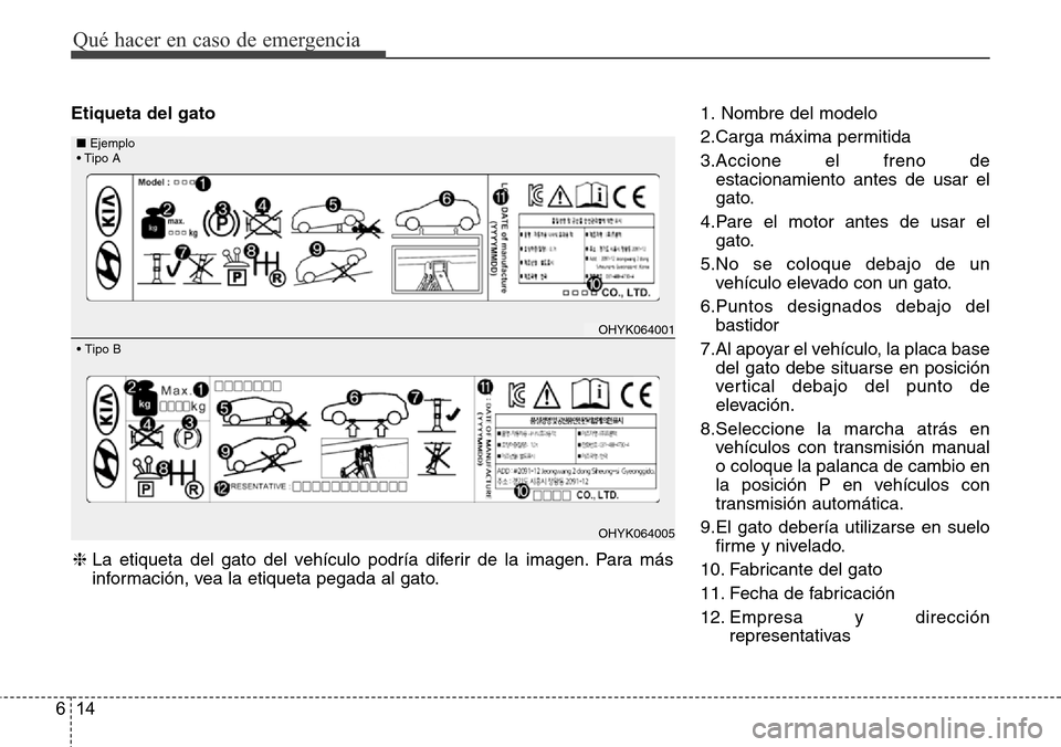 Hyundai Azera 2016  Manual del propietario (Grandeur) (in Spanish) Qué hacer en caso de emergencia
14 6
Etiqueta del gato1. Nombre del modelo
2.Carga máxima permitida
3.Accione el freno de
estacionamiento antes de usar el
gato.
4.Pare el motor antes de usar el
gato