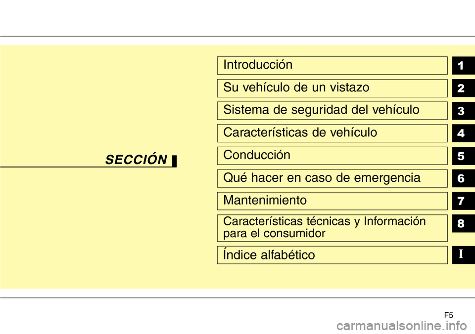 Hyundai Azera 2016  Manual del propietario (Grandeur) (in Spanish) F5
1
2
3
4
5
6
7
8Introducción
Su vehículo de un vistazo
Sistema de seguridad del vehículo
Características de vehículo
Conducción
Qué hacer en caso de emergencia
Mantenimiento
Características 