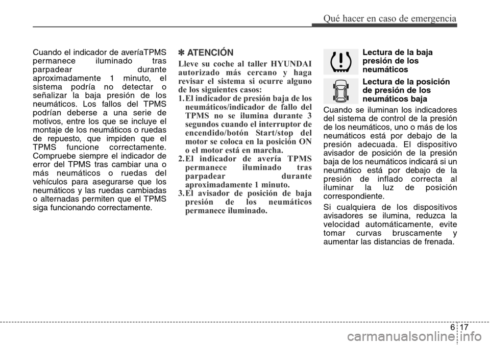 Hyundai Azera 2016  Manual del propietario (Grandeur) (in Spanish) 617
Qué hacer en caso de emergencia
Cuando el indicador de averíaTPMS
permanece iluminado tras
parpadear durante
aproximadamente 1 minuto, el
sistema podría no detectar o
señalizar la baja presió