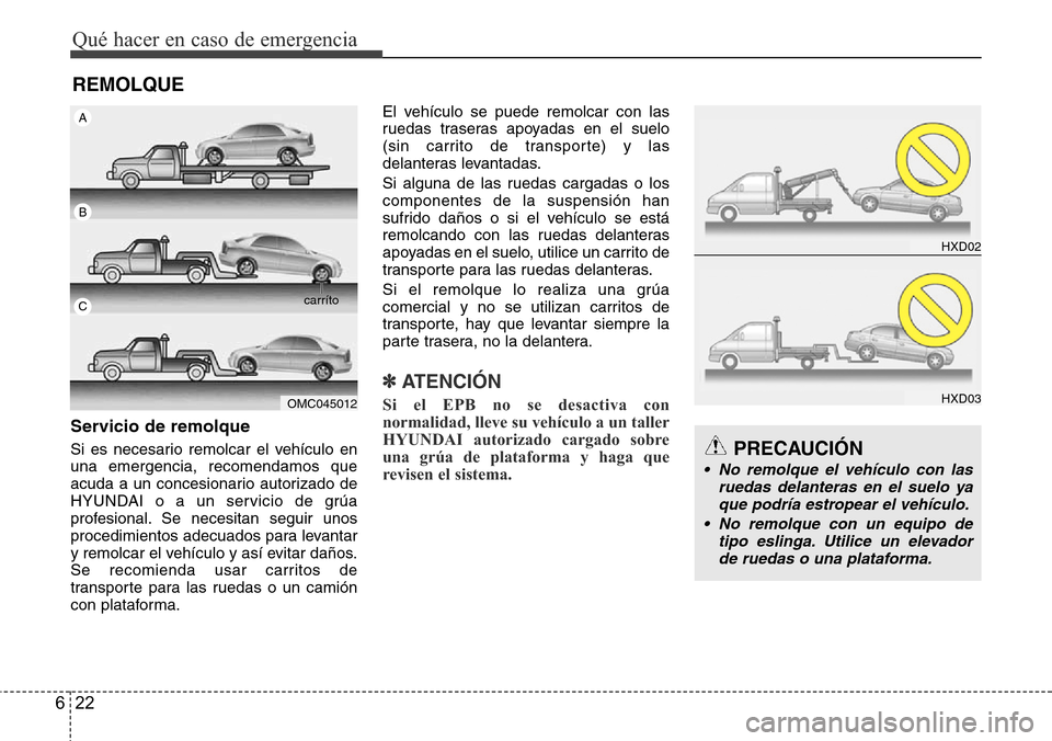 Hyundai Azera 2016  Manual del propietario (Grandeur) (in Spanish) Qué hacer en caso de emergencia
22 6
REMOLQUE
Servicio de remolque
Si es necesario remolcar el vehículo en
una emergencia, recomendamos que
acuda a un concesionario autorizado de
HYUNDAI o a un serv