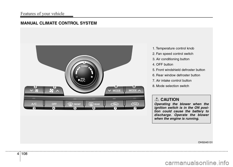 Hyundai Azera 2015  Owners Manual Features of your vehicle
108 4
MANUAL CLIMATE CONTROL SYSTEM
1. Temperature control knob
2. Fan speed control switch
3. Air conditioning button
4. OFF button
5. Front windshield defroster button
6. Re