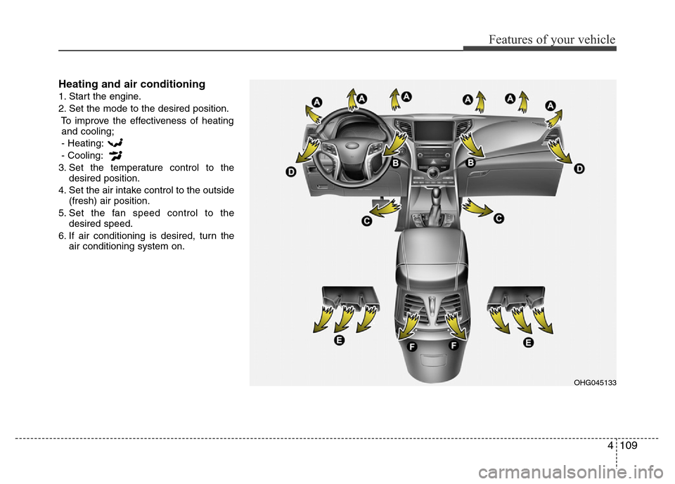 Hyundai Azera 2015  Owners Manual 4109
Features of your vehicle
Heating and air conditioning
1. Start the engine.
2. Set the mode to the desired position.
To improve the effectiveness of heating
and cooling;
- Heating:
- Cooling:
3. S
