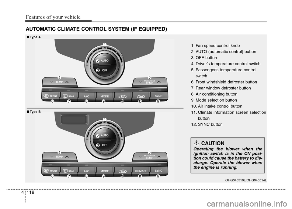 Hyundai Azera 2015  Owners Manual Features of your vehicle
118 4
AUTOMATIC CLIMATE CONTROL SYSTEM (IF EQUIPPED)
1. Fan speed control knob
2. AUTO (automatic control) button
3. OFF button
4. Driver’s temperature control switch
5. Pas