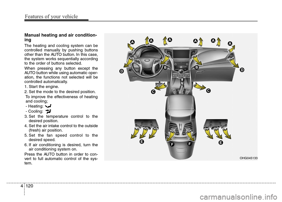 Hyundai Azera 2015  Owners Manual Features of your vehicle
120 4
Manual heating and air condition-
ing
The heating and cooling system can be
controlled manually by pushing buttons
other than the AUTO button. In this case,
the system w