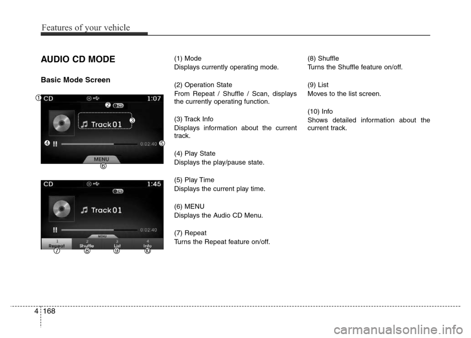 Hyundai Azera 2015  Owners Manual AUDIO CD MODE
Basic Mode Screen
(1) Mode
Displays currently operating mode.
(2) Operation State
From Repeat / Shuffle / Scan, displays
the currently operating function.
(3) Track Info
Displays informa