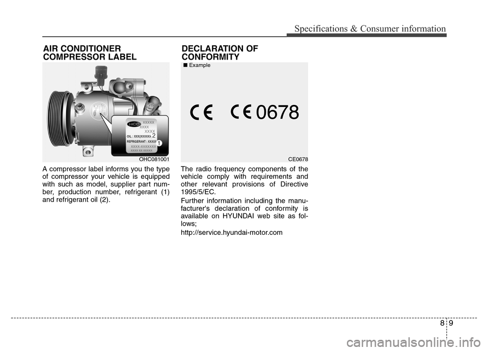 Hyundai Azera 2015  Owners Manual 89
Specifications & Consumer information
A compressor label informs you the type
of compressor your vehicle is equipped
with such as model, supplier part num-
ber, production number, refrigerant (1)
a