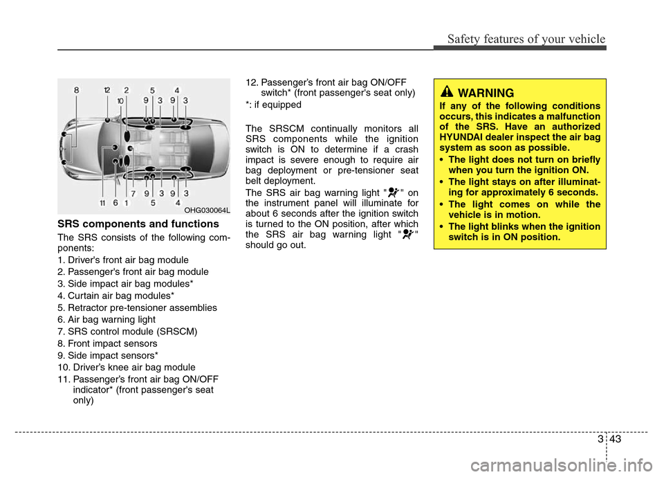 Hyundai Azera 2015 Owners Manual 343
Safety features of your vehicle
SRS components and functions
The SRS consists of the following com-
ponents:
1. Drivers front air bag module
2. Passengers front air bag module
3. Side impact air Hyundai Azera 2015 Owners Manual 343
Safety features of your vehicle
SRS components and functions
The SRS consists of the following com-
ponents:
1. Drivers front air bag module
2. Passengers front air bag module
3. Side impact air