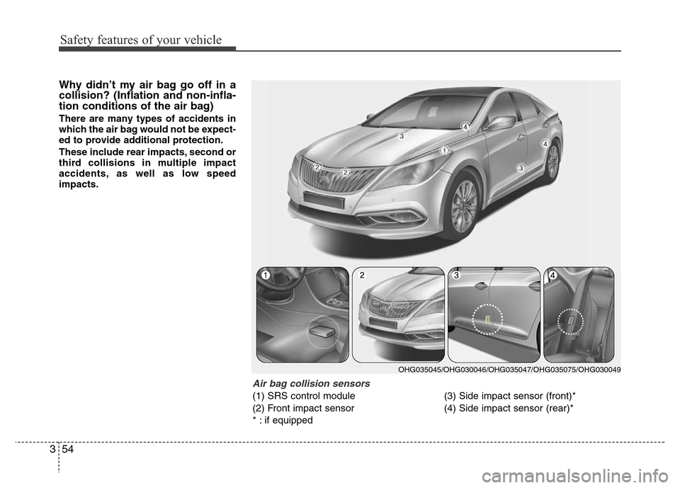 Hyundai Azera 2015  Owners Manual Safety features of your vehicle
54 3
Why didn’t my air bag go off in a
collision? (Inflation and non-infla-
tion conditions of the air bag)
There are many types of accidents in
which the air bag wou