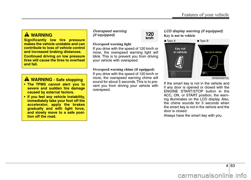Hyundai Azera 2014  Owners Manual 463
Features of your vehicle
Overspeed warning 
(if equipped)
Overspeed warning light
If you drive with the speed of 120 km/h or
more, the overspeed warning light will
blink. This is to prevent you fr