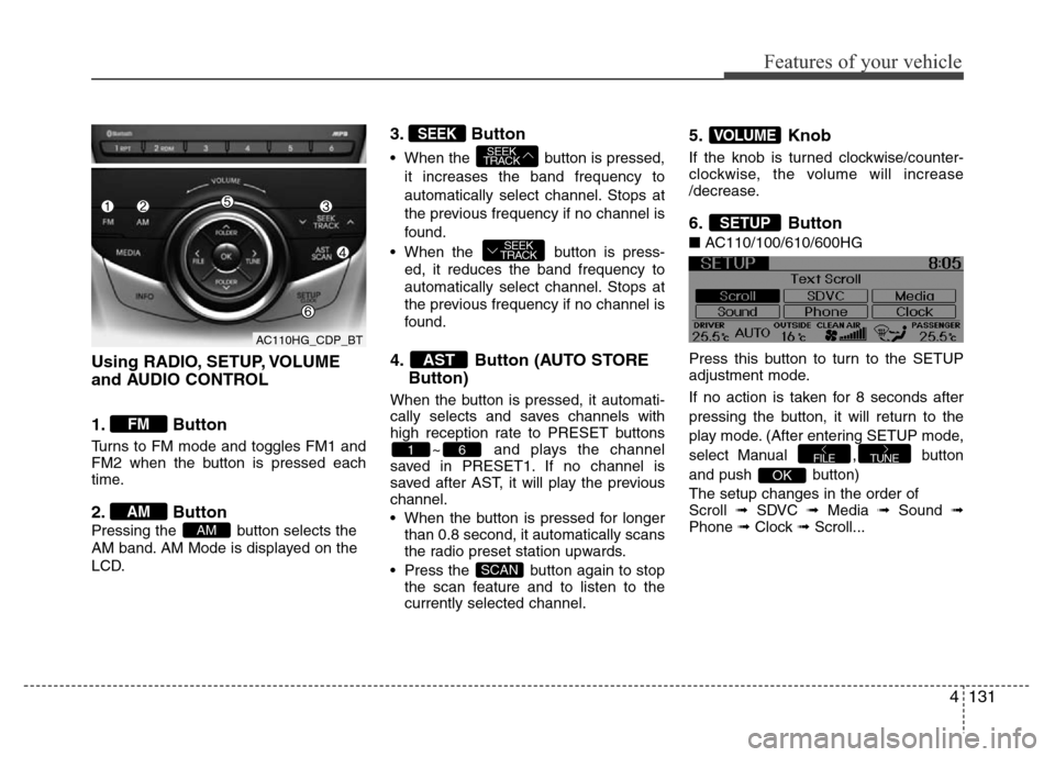 Hyundai Azera 2013  Owners Manual 4131
Features of your vehicle
Using RADIO, SETUP, VOLUME
and AUDIO CONTROL
1. Button
Turns to FM mode and toggles FM1 and
FM2 when the button is pressed each
time.
2. Button
Pressing the  button selec