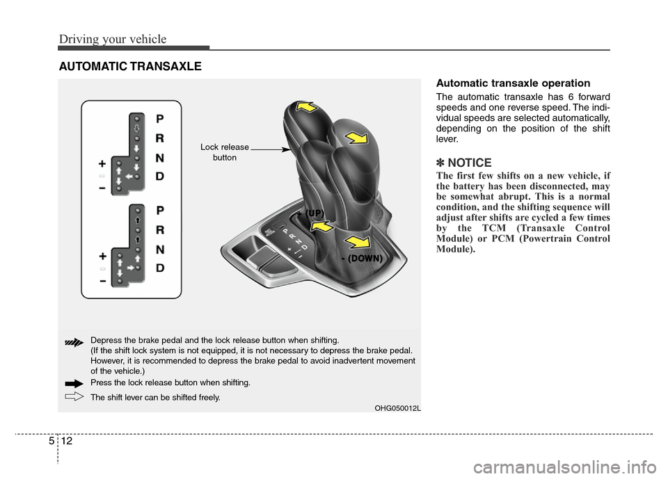 Hyundai Azera 2013  Owners Manual Driving your vehicle
12 5
Automatic transaxle operation
The automatic transaxle has 6 forward
speeds and one reverse speed. The indi-
vidual speeds are selected automatically,
depending on the positio