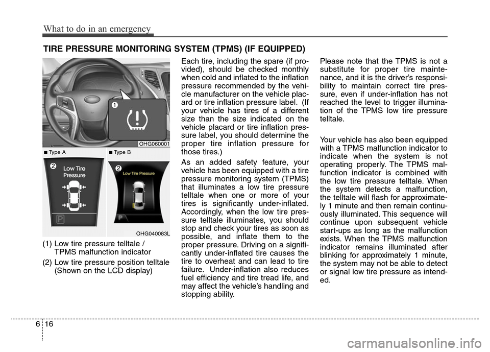 Hyundai Azera 2013  Owners Manual What to do in an emergency
16 6
TIRE PRESSURE MONITORING SYSTEM (TPMS) (IF EQUIPPED)
(1) Low tire pressure telltale / 
TPMS malfunction indicator
(2) Low tire pressure position telltale
(Shown on the 