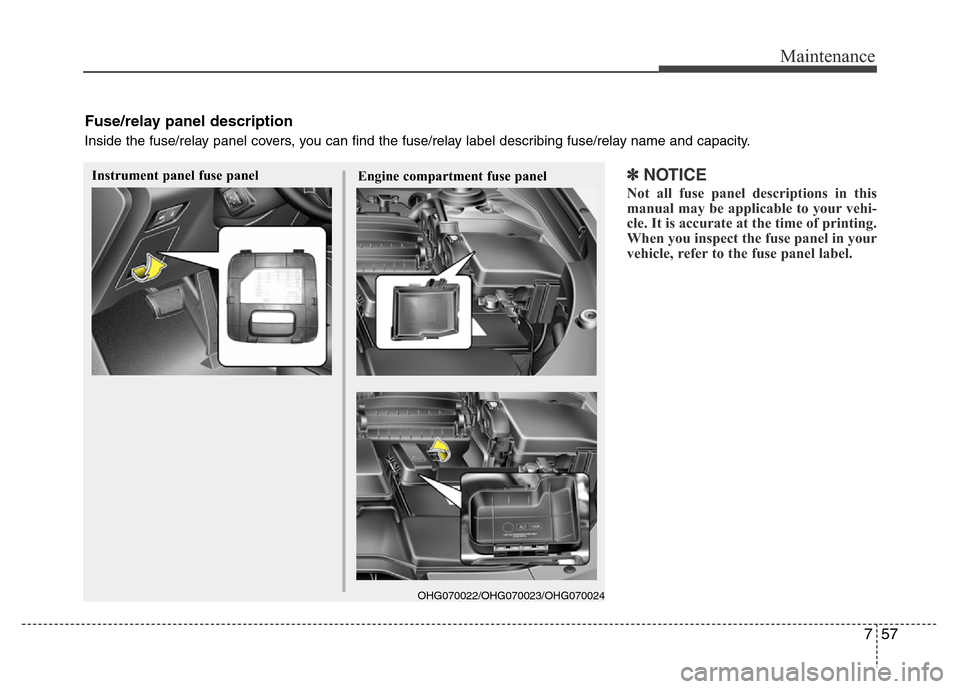 Hyundai Azera 2012  Owners Manual 757
Maintenance
✽NOTICE
Not all fuse panel descriptions in this
manual may be applicable to your vehi-
cle. It is accurate at the time of printing.
When you inspect the fuse panel in your
vehicle, r