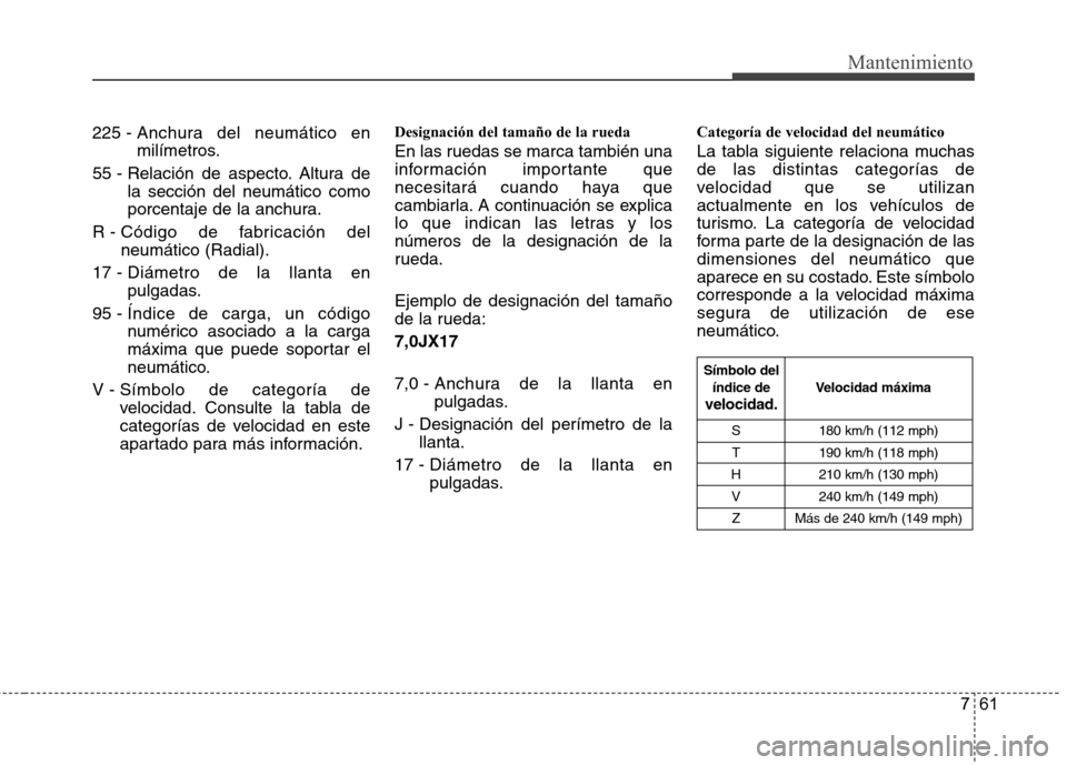 Hyundai Azera 2012  Manual del propietario (in Spanish) 761
Mantenimiento
225 - Anchura del neumático en 
milímetros.
55 - Relación de aspecto. Altura de la sección del neumático como
porcentaje de la anchura.
R - Código de fabricación del neumátic