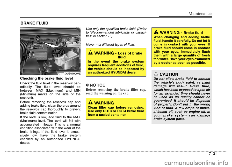 Hyundai Azera 2011  Owners Manual 731
Maintenance
BRAKE FLUID
Checking the brake fluid level  
Check the fluid level in the reservoir peri-
odically. The fluid level should be
between MAX (Maximum) and MIN
(Minimum) marks on the side 