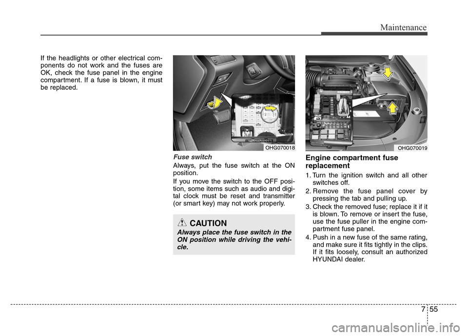 Hyundai Azera 2011  Owners Manual 755
Maintenance
If the headlights or other electrical com-
ponents do not work and the fuses are
OK, check the fuse panel in the engine
compartment. If a fuse is blown, it must
be replaced.
Fuse switc