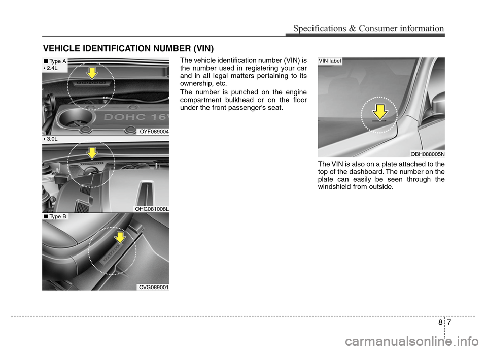 Hyundai Azera 2011  Owners Manual 87
Specifications & Consumer information
VEHICLE IDENTIFICATION NUMBER (VIN)
The vehicle identification number (VIN) is
the number used in registering your car
and in all legal matters pertaining to i