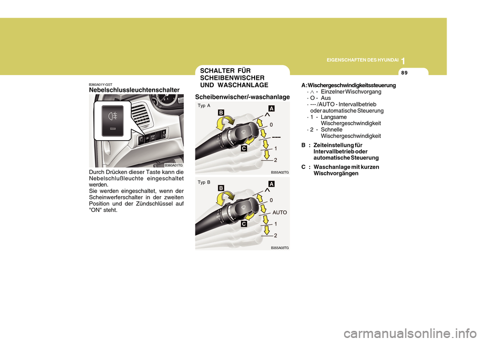 Hyundai Azera 2011  Betriebsanleitung (in German) 1
EIGENSCHAFTEN DES HYUNDAI
89
B360A01Y-GST Nebelschlussleuchtenschalter Durch Drücken dieser Taste kann die Nebelschlußleuchte eingeschaltet werden. Sie werden eingeschaltet, wenn derScheinwerfersc