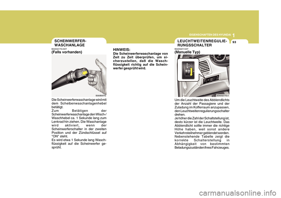 Hyundai Azera 2011  Betriebsanleitung (in German) 1
EIGENSCHAFTEN DES HYUNDAI
93SCHEINWERFER- WASCHANLAGE
B345G01TG-GST (Falls vorhanden)
Die Scheinwerferwaschanlage wird mit dem Scheibenwaschanlagenhebel betätigt.Zum Betätigen der Scheinwerferwasc