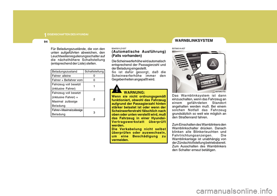 Hyundai Azera 2011  Betriebsanleitung (in German) 1EIGENSCHAFTEN DES HYUNDAI
94WARNBLINKSYSTEM
B370A01A-AST Das Warnblinksystem ist dann einzuschalten, wenn das Fahrzeug an einem gefährdeten Standortangehalten werden muß. Bei einem solchen Notfall 