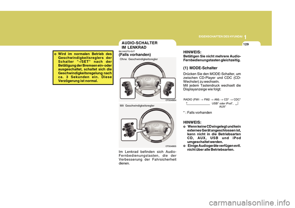 Hyundai Azera 2011  Betriebsanleitung (in German) 1
EIGENSCHAFTEN DES HYUNDAI
129
o Wird im normalen Betrieb des
Geschwindigkeitsreglers der Schalter "-/SET" nach derBetätigung der Bremsen ein- oder ausgeschaltet, schaltet sich die Geschwindigkeitsr