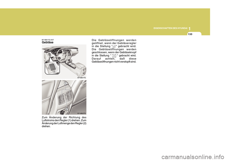 Hyundai Azera 2011  Betriebsanleitung (in German) 1
EIGENSCHAFTEN DES HYUNDAI
133
B710B01TG-AST Gebläse
B710B01TG
Zum Änderung der Richtung des Luftstroms den Regler (1) drehen. Zum Änderung der Luftmenge den Regler (2)drehen.
B710B02TG Die Geblä