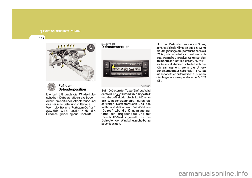 Hyundai Azera 2011 Betriebsanleitung (in German) 1EIGENSCHAFTEN DES HYUNDAI
140
Fußraum-
Defrosterposition
Die Luft tritt durch die Windschutz- scheiben-Defrosterdüsen, die Boden-düsen, die seitliche Defrosterdüse und das seitliche Be Hyundai Azera 2011 Betriebsanleitung (in German) 1EIGENSCHAFTEN DES HYUNDAI
140
Fußraum-
Defrosterposition
Die Luft tritt durch die Windschutz- scheiben-Defrosterdüsen, die Boden-düsen, die seitliche Defrosterdüse und das seitliche Be